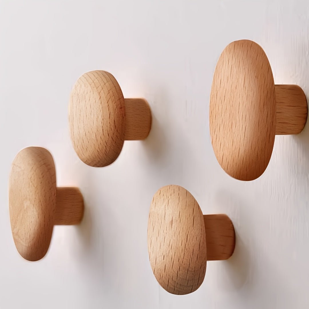 Solid Wood Pebble Wall Hooks, Handmade Set of 4