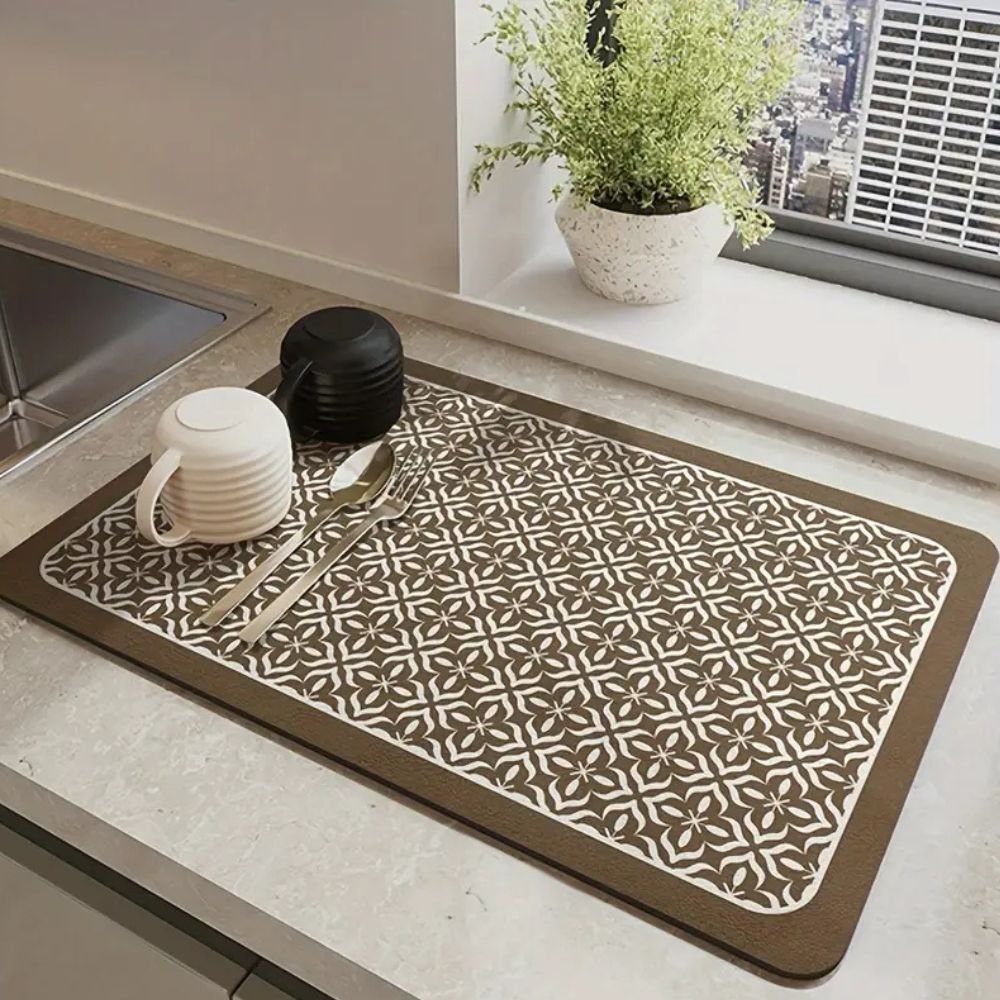 Absorbent Dish Drying Mat with Geometric Tile Pattern