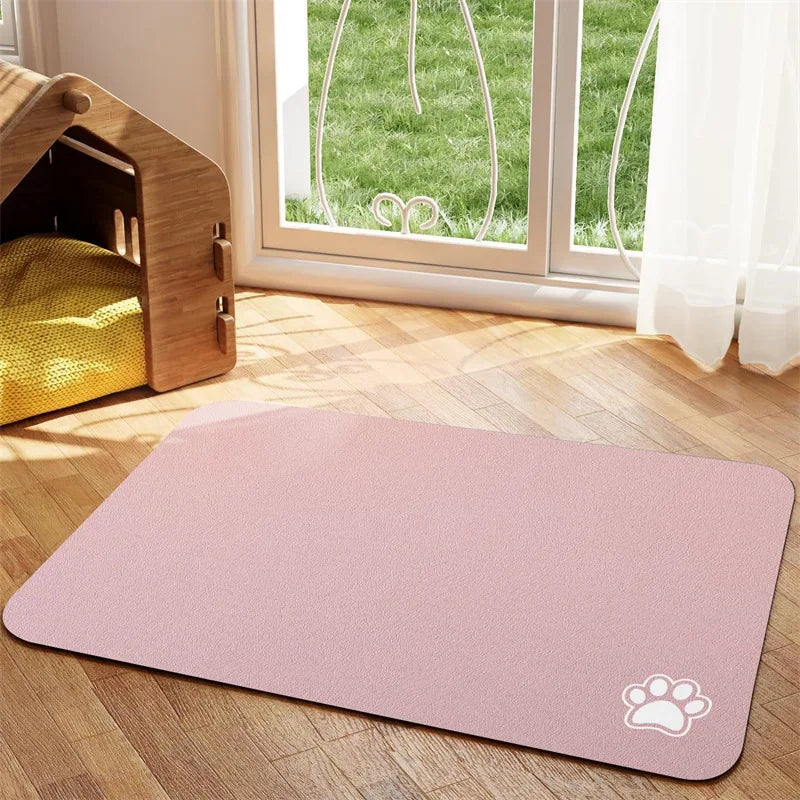 Absorbent Pet Bowl Mat with Paw Motif and Diatomite Layer