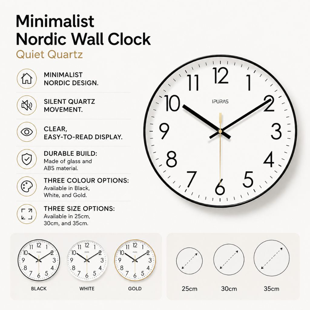 Scandinavian Silent Wall Clock in Black, White or Gold