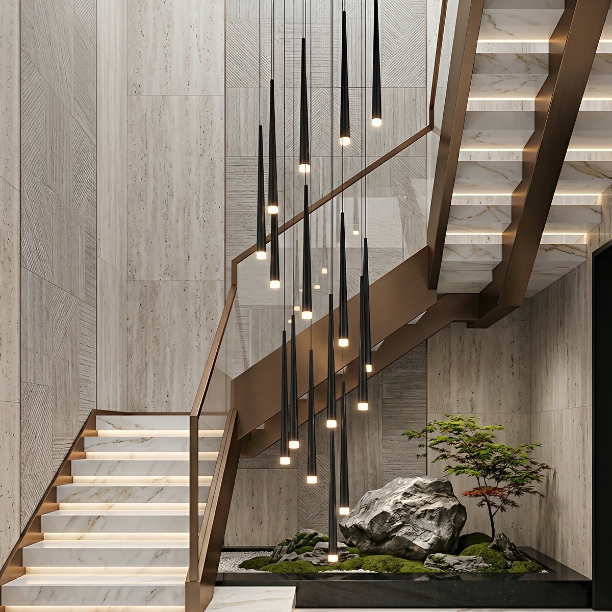 Vertical LED Cascade Chandelier for Stairwells, Black or Gold