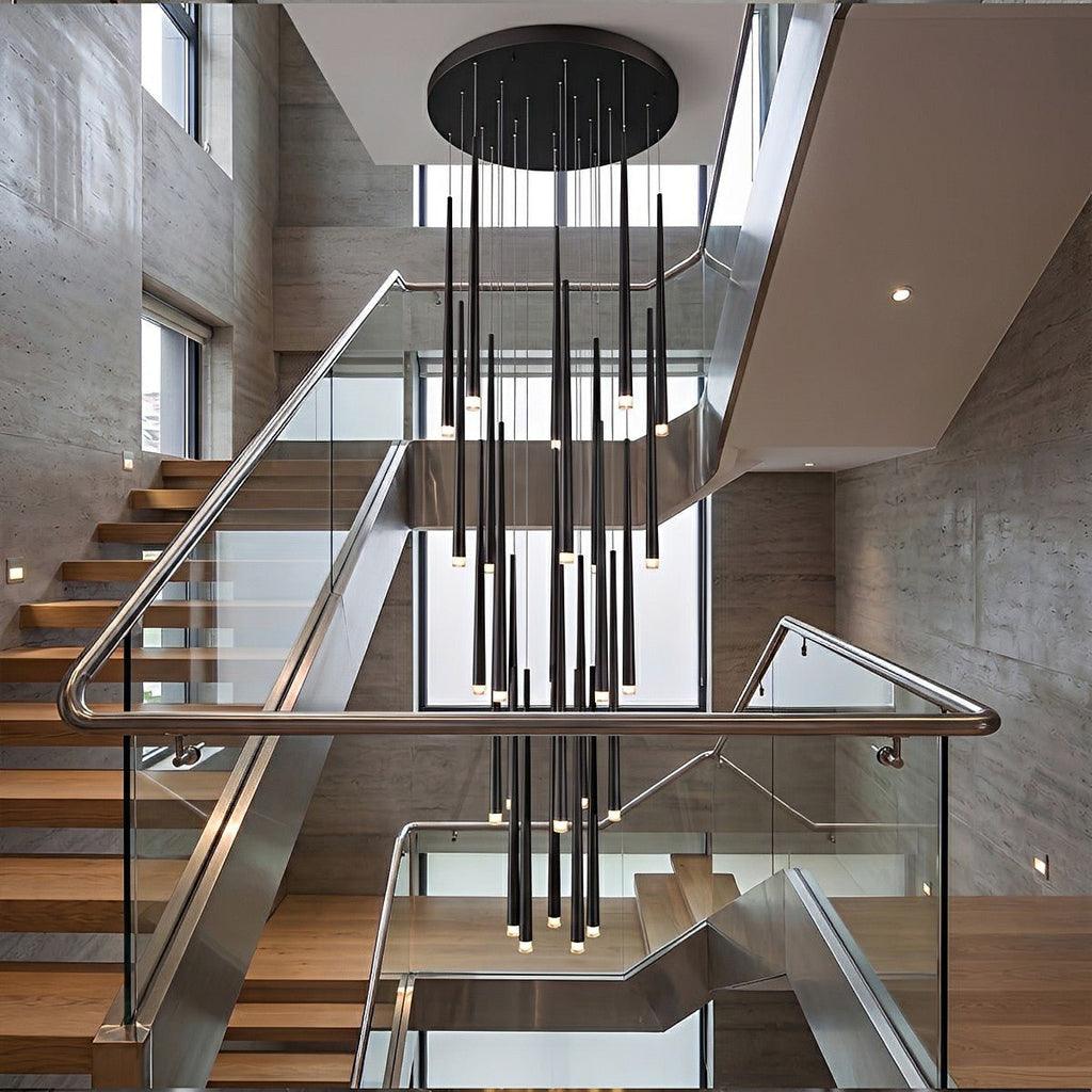 Vertical LED Cascade Chandelier for Stairwells, Black or Gold