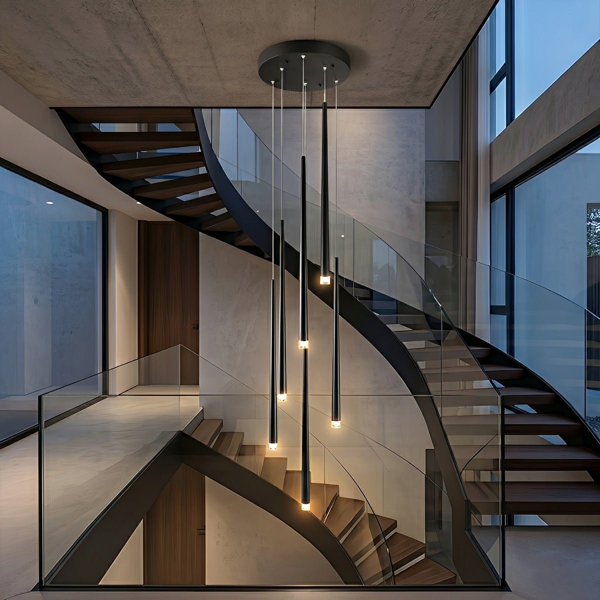 Vertical LED Cascade Chandelier for Stairwells, Black or Gold