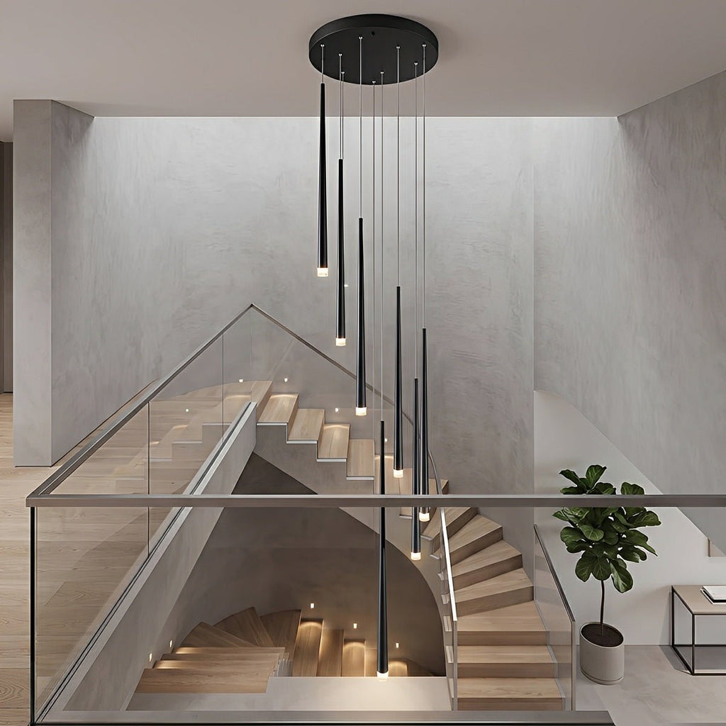 Vertical LED Cascade Chandelier for Stairwells, Black or Gold