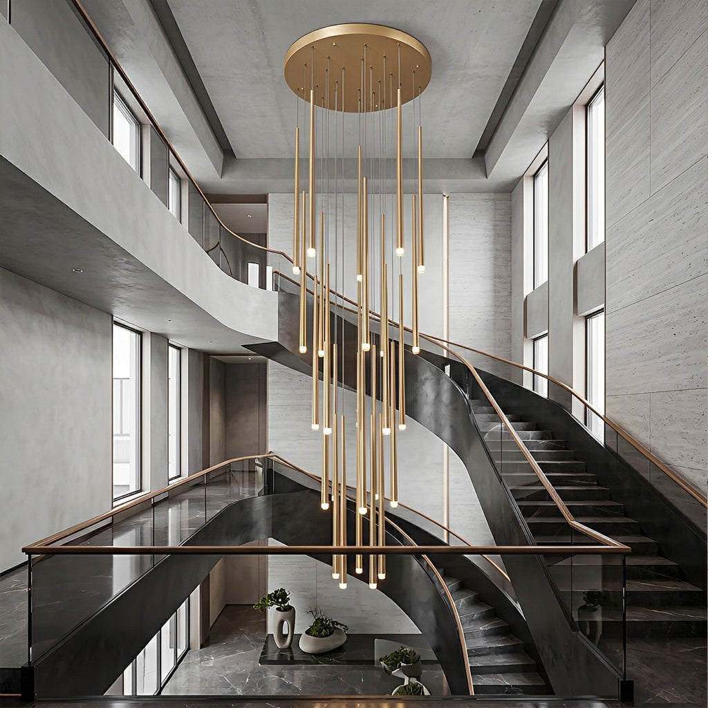 Vertical LED Cascade Chandelier for Stairwells, Black or Gold