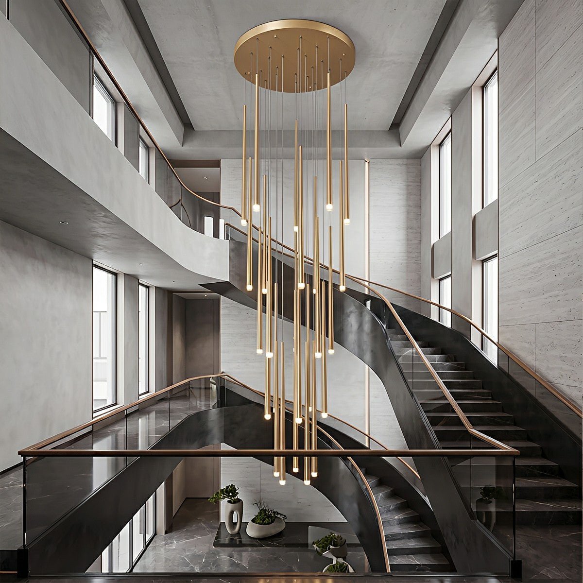 Vertical LED Cascade Chandelier for Stairwells, Black or Gold
