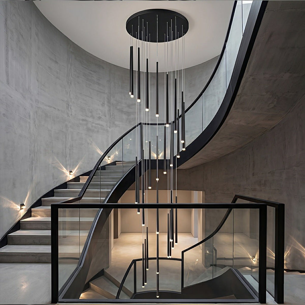 Vertical LED Cascade Chandelier for Stairwells, Black or Gold