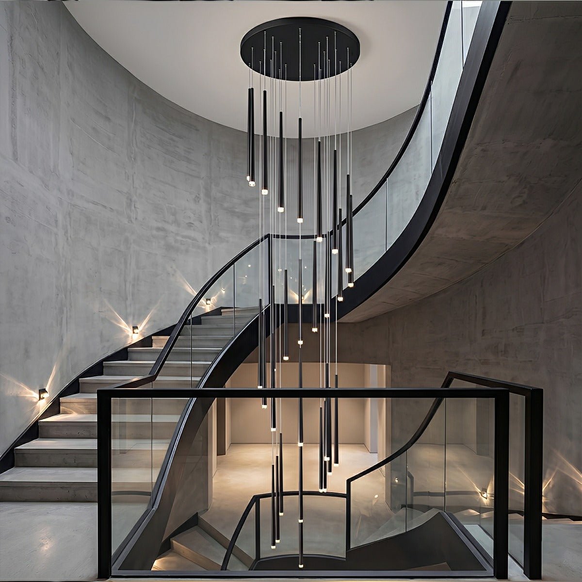Vertical LED Cascade Chandelier for Stairwells, Black or Gold