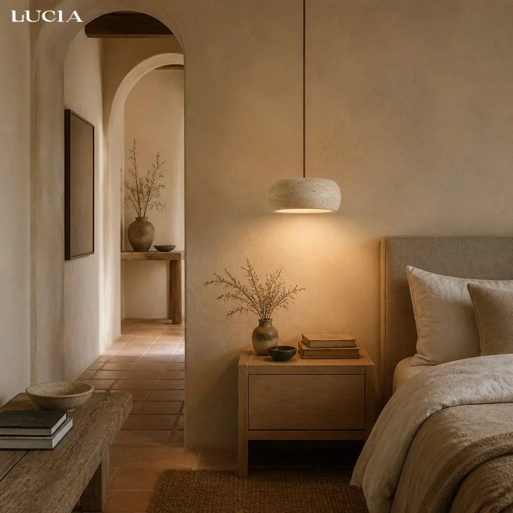 Natural Travertine Pendant Light, Cream Wabi-Sabi Shade