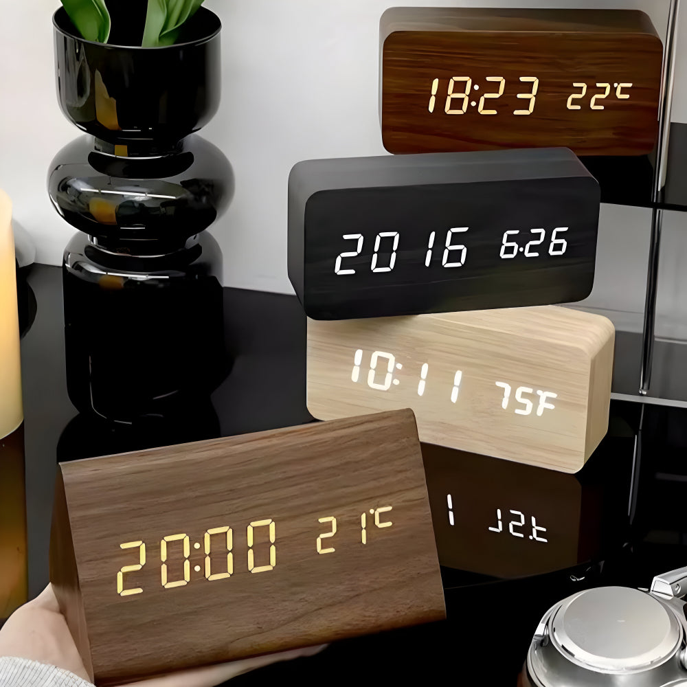 Wooden Digital LED Clock, Dimmable Display, USB Powered