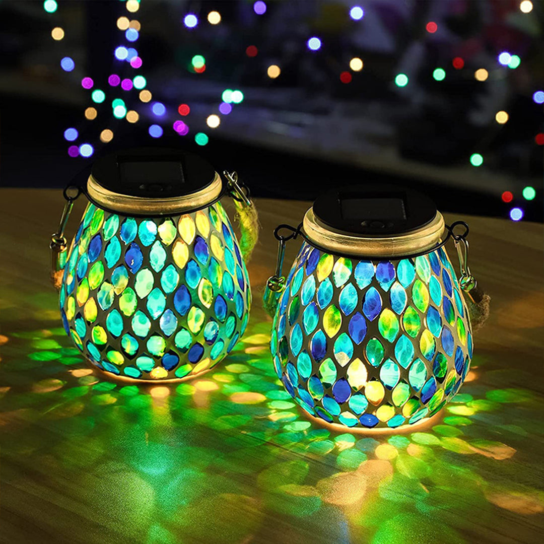 Solar Mosaic Glass Lantern with Coloured Light Effect, IP65