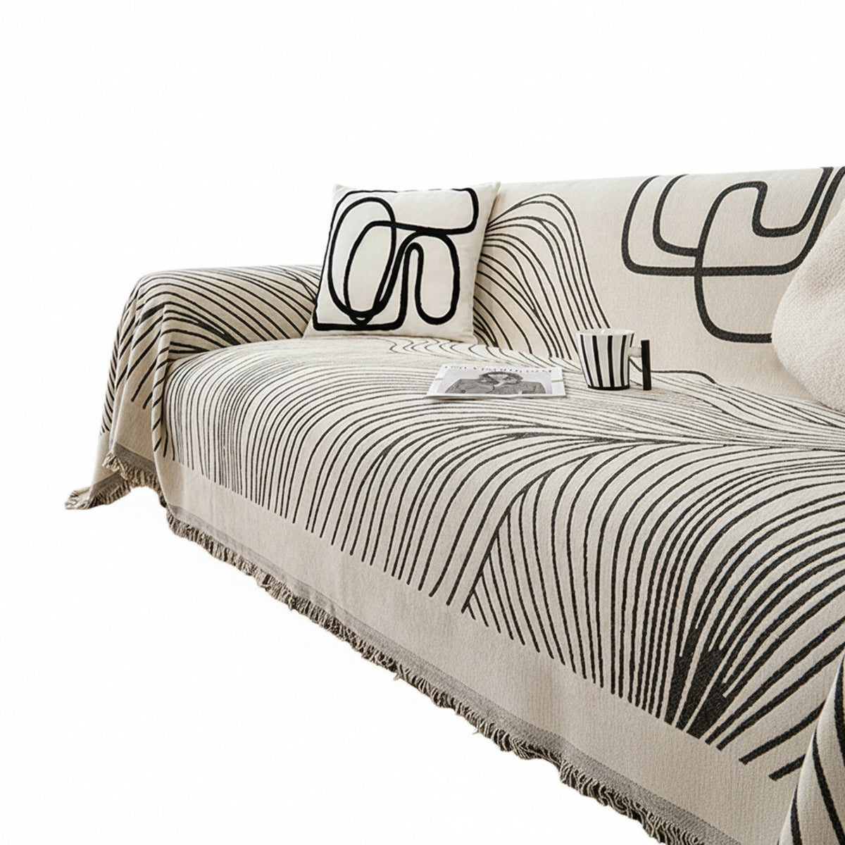 Reversible Wavy Line Jacquard Sofa Throw with Tassels