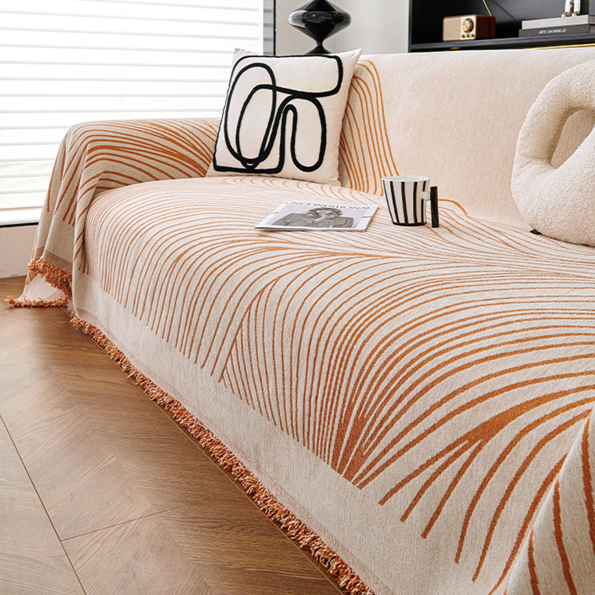 Reversible Wavy Line Jacquard Sofa Throw with Tassels