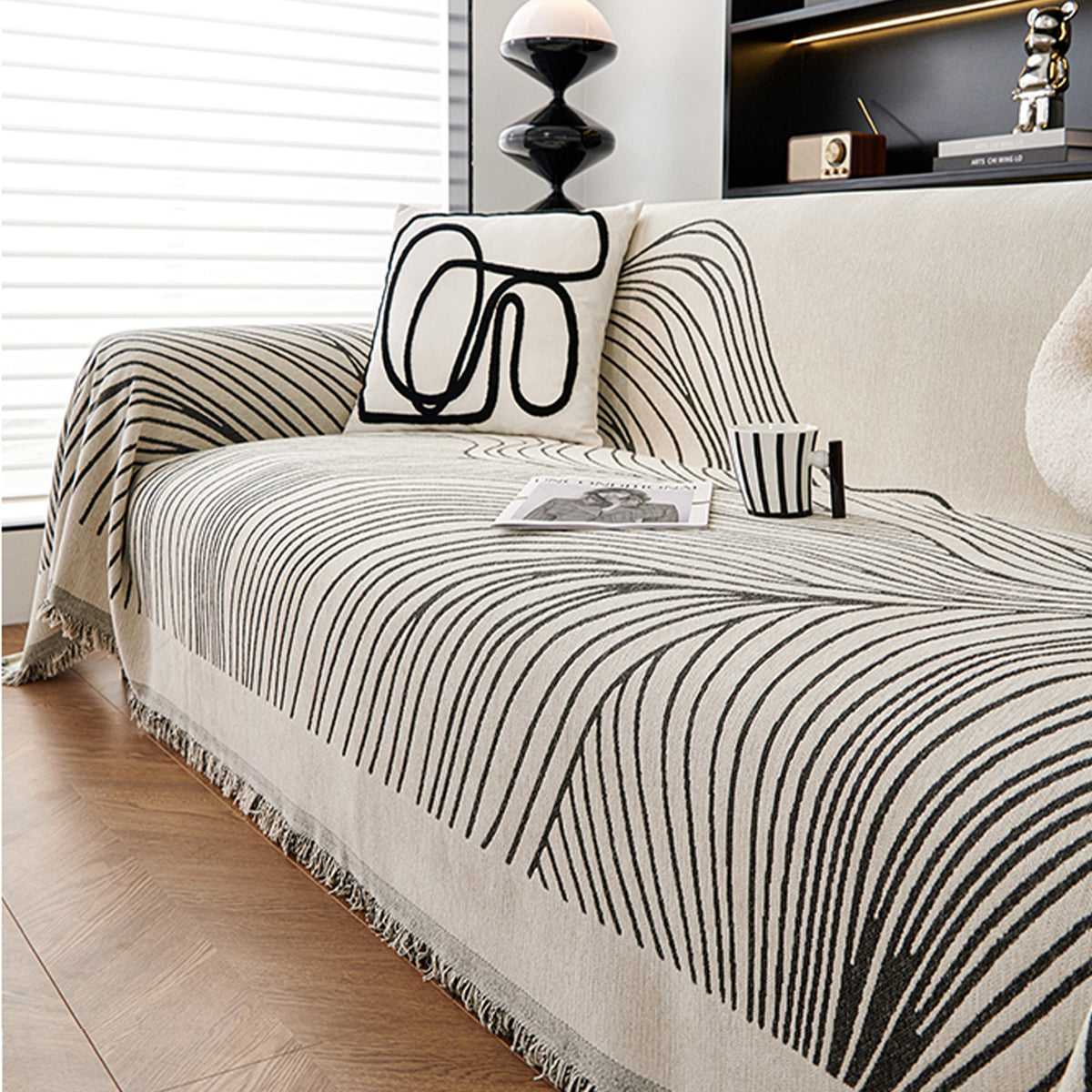 Reversible Wavy Line Jacquard Sofa Throw with Tassels