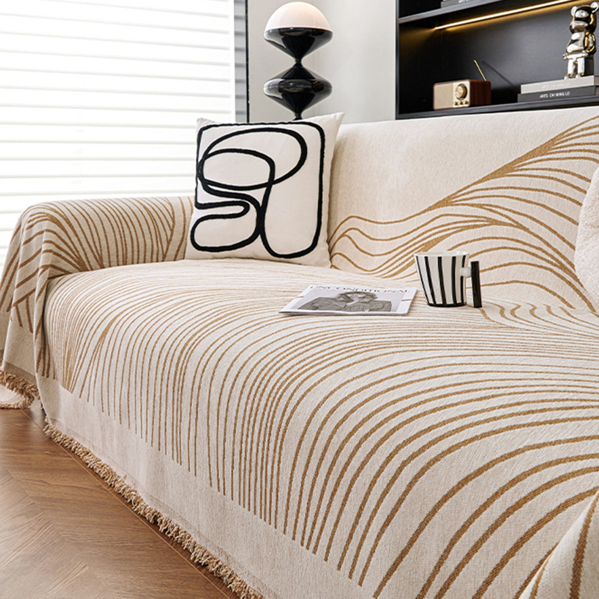 Reversible Wavy Line Jacquard Sofa Throw with Tassels