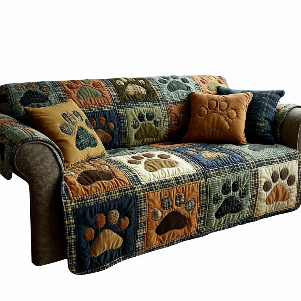 Quilted Non-Slip Sofa Cover with Paw Print Patchwork