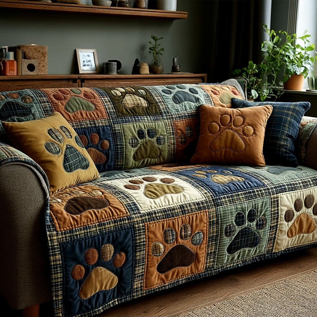 Quilted Non-Slip Sofa Cover with Paw Print Patchwork