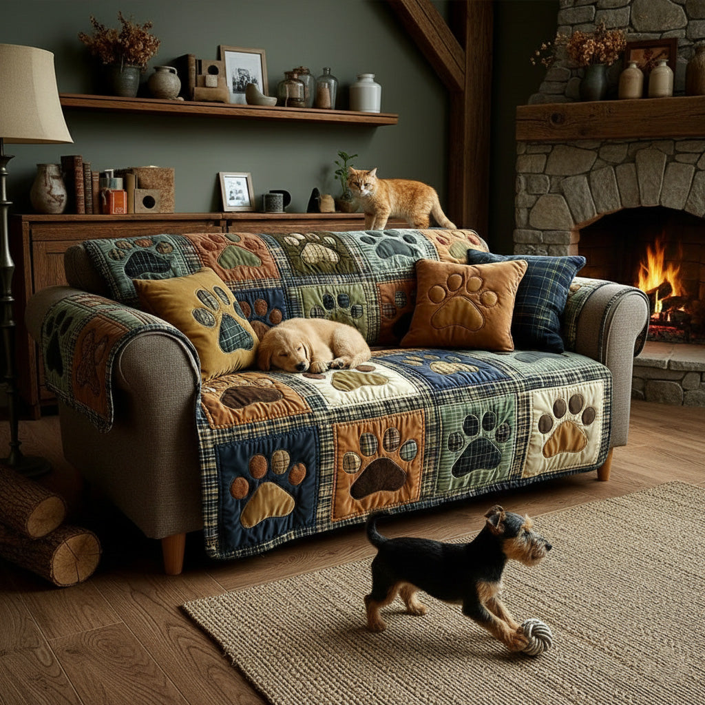 Quilted Non-Slip Sofa Cover with Paw Print Patchwork