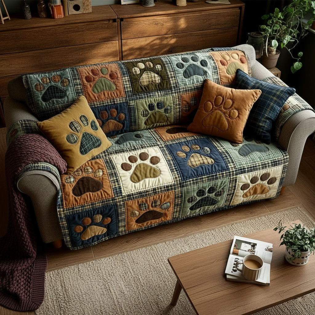Quilted Non-Slip Sofa Cover with Paw Print Patchwork
