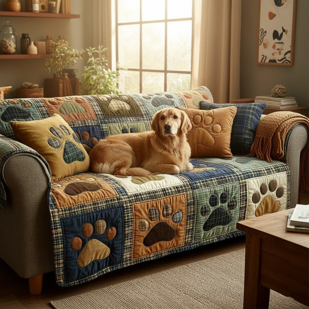 Quilted Non-Slip Sofa Cover with Paw Print Patchwork