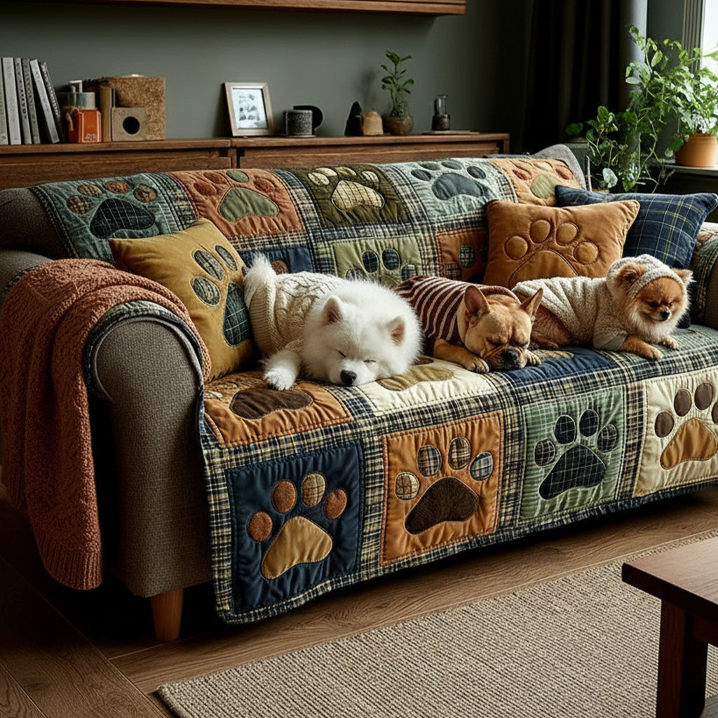Quilted Non-Slip Sofa Cover with Paw Print Patchwork