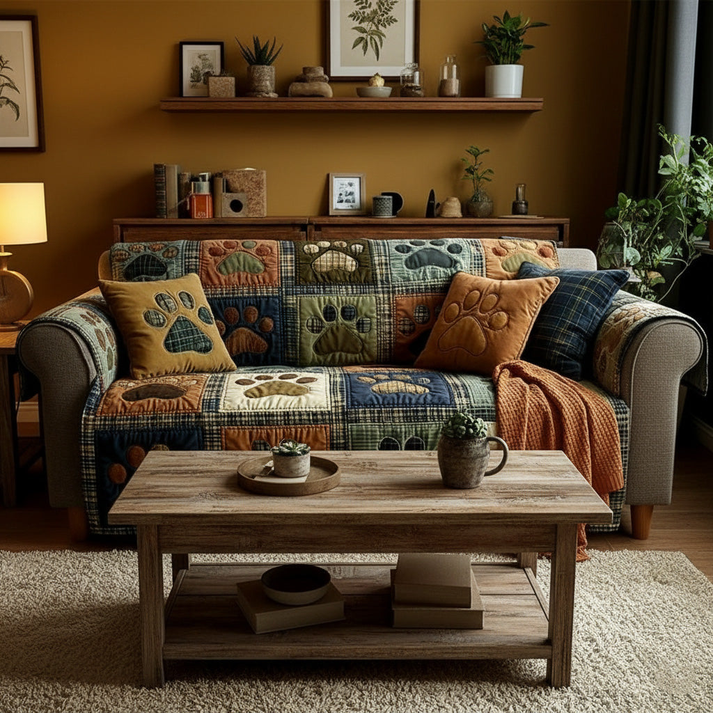 Quilted Non-Slip Sofa Cover with Paw Print Patchwork