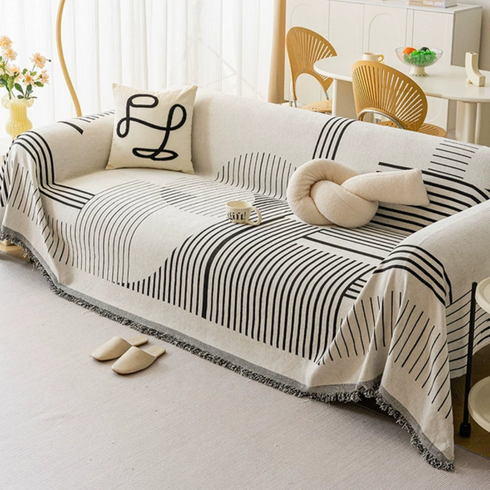 Geometric Patterned Sofa Throw with Tassel Edges
