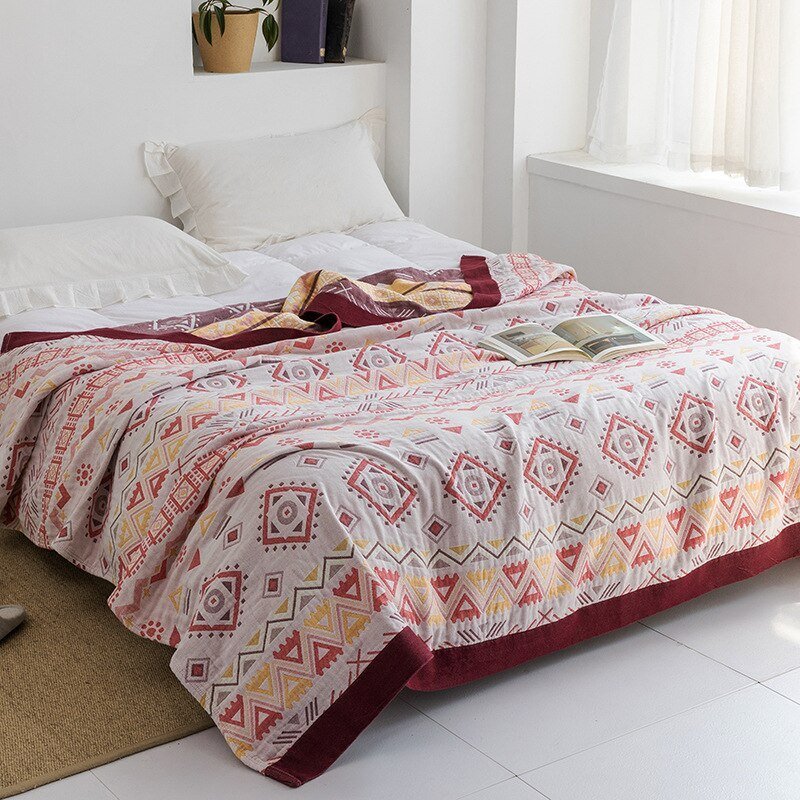 Japanese-Style Patterned Cotton Bedspread Throw