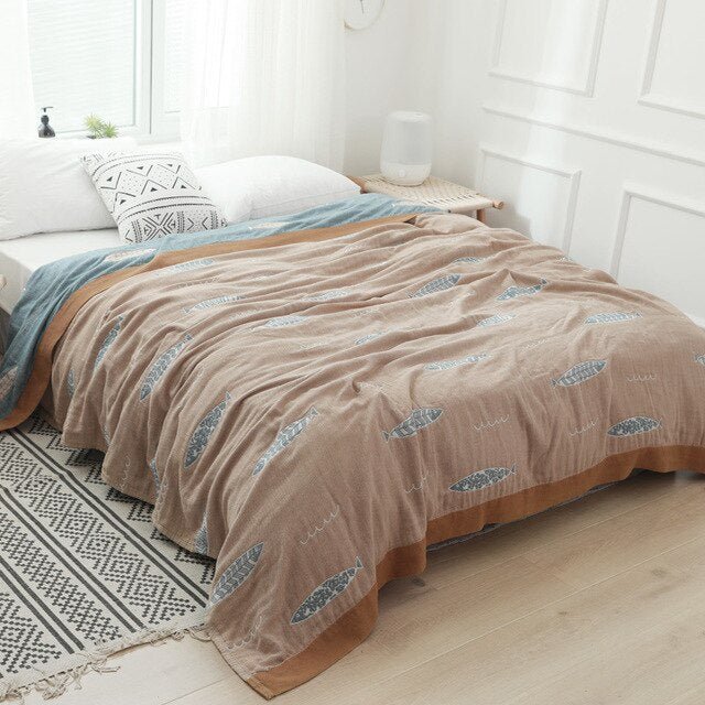 Japanese-Style Patterned Cotton Bedspread Throw