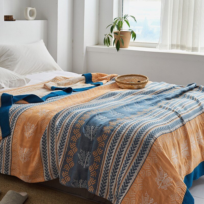 Japanese-Style Patterned Cotton Bedspread Throw