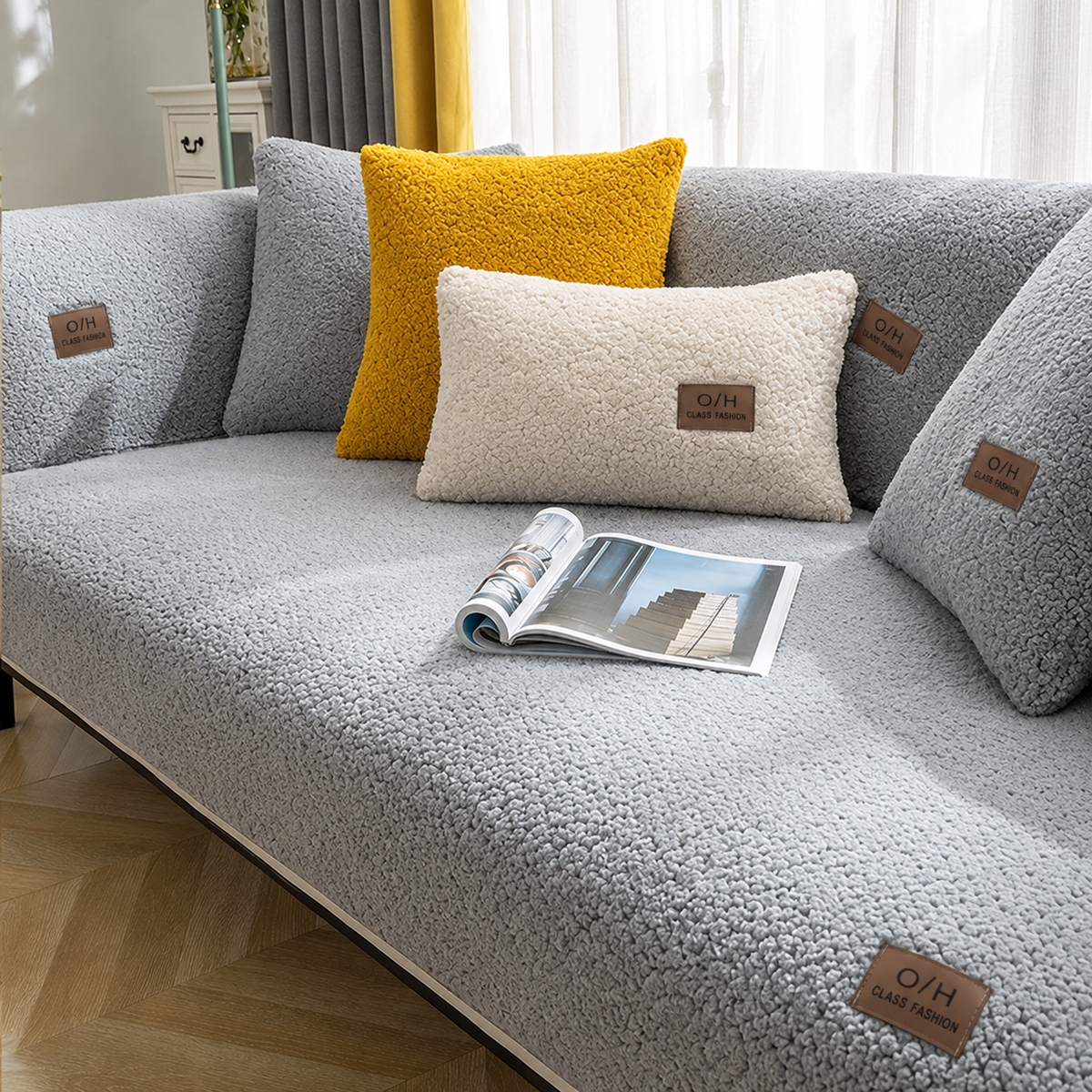 Plush Sofa Cover Set with 2 Cushion Covers and Anti-Slip Mat