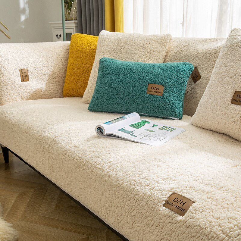 Plush Sofa Cover Set with 2 Cushion Covers and Anti-Slip Mat