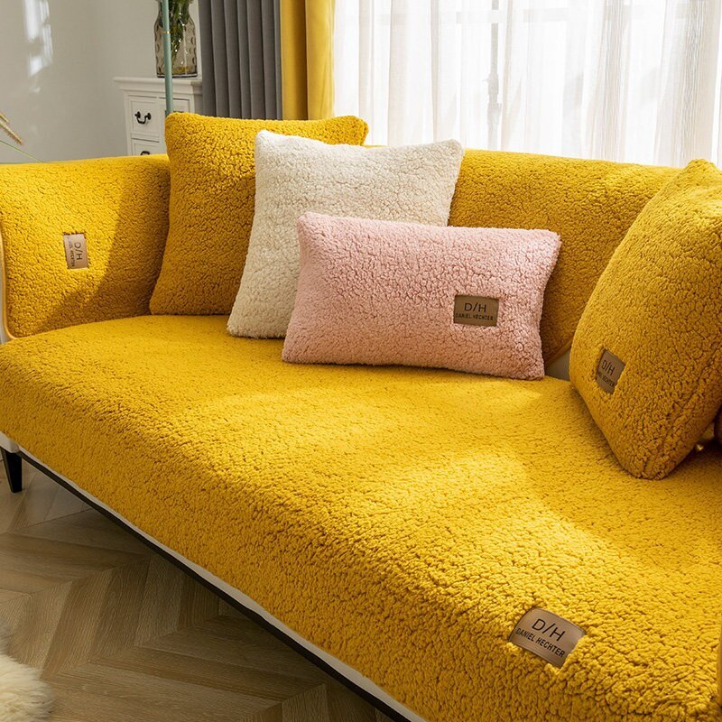 Plush Sofa Cover Set with 2 Cushion Covers and Anti-Slip Mat