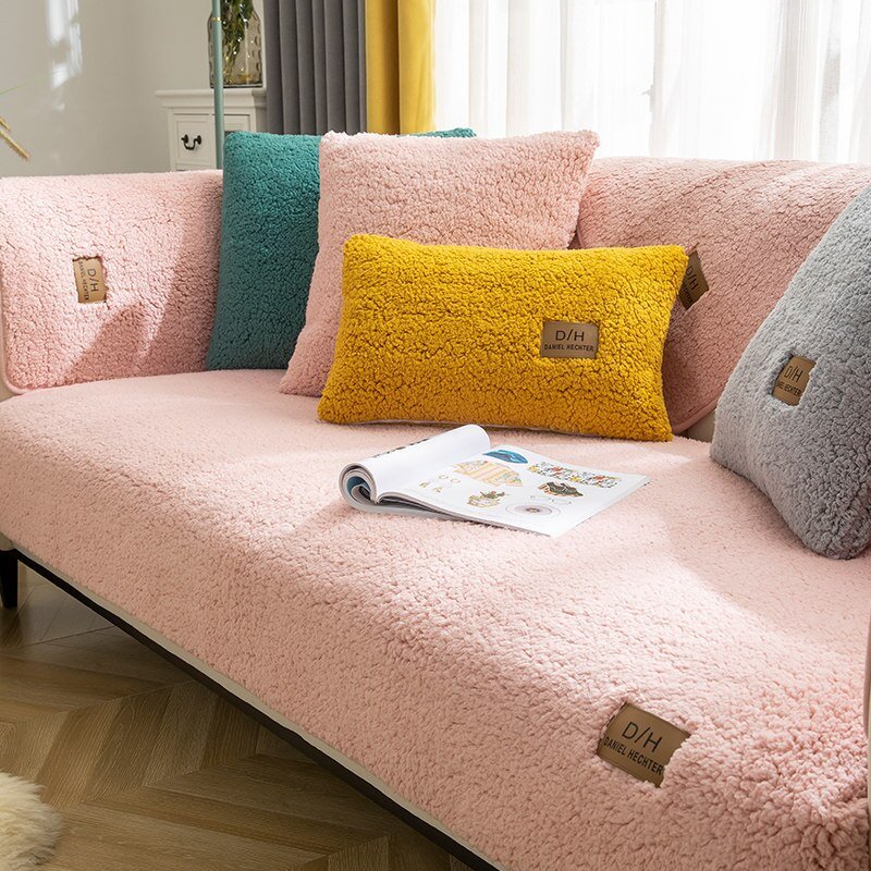 Plush Sofa Cover Set with 2 Cushion Covers and Anti-Slip Mat