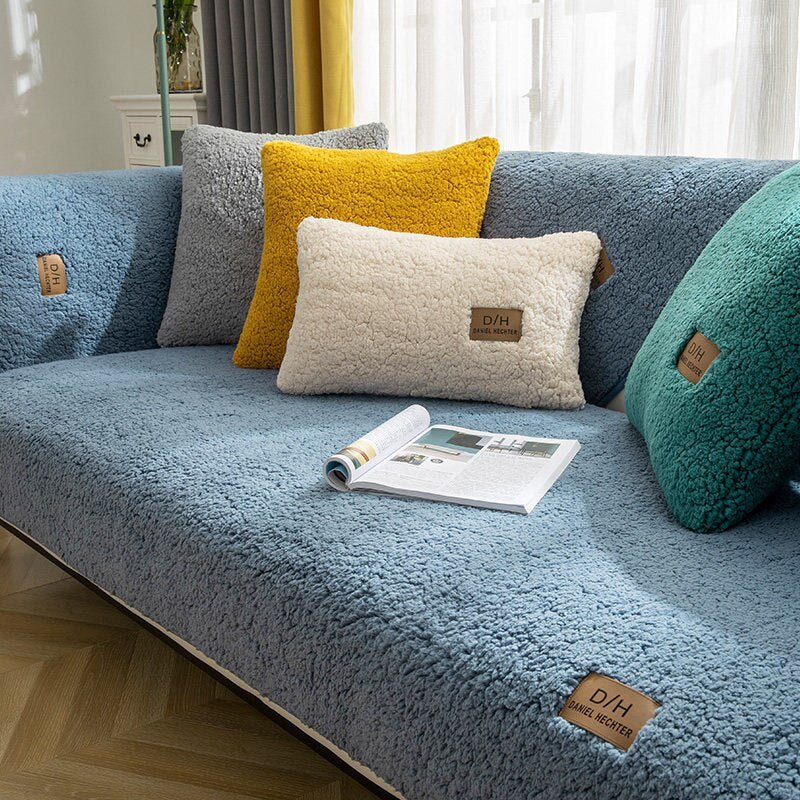 Plush Sofa Cover Set with 2 Cushion Covers and Anti-Slip Mat