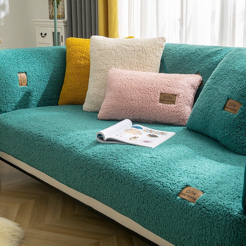 Plush Sofa Cover Set with 2 Cushion Covers and Anti-Slip Mat
