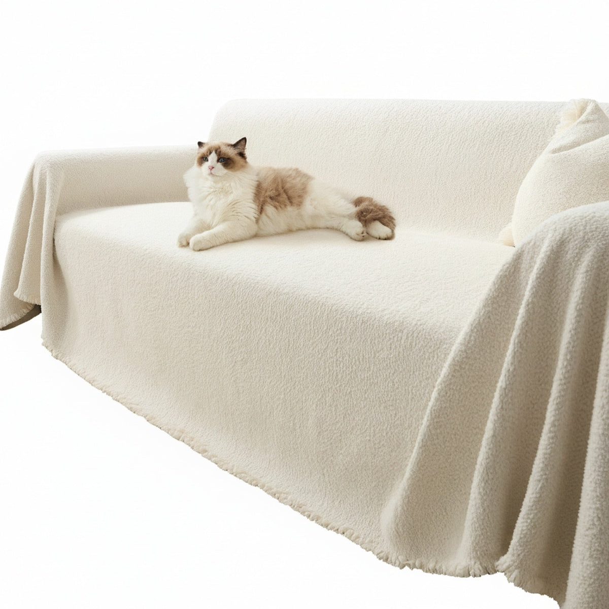 Boucle Sofa Throw Cover with Tassel Trim, 6 Sizes