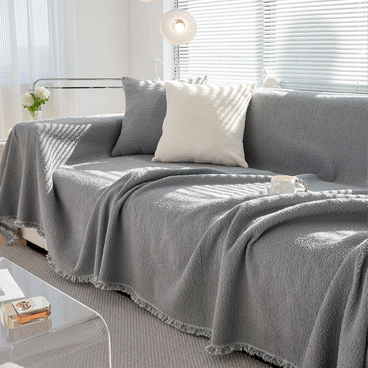 Boucle Sofa Throw Cover with Tassel Trim, 6 Sizes