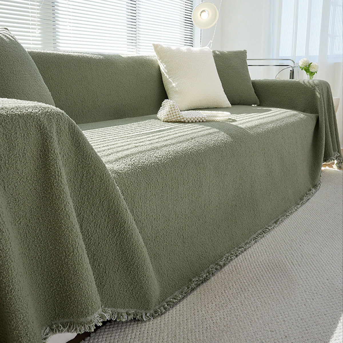 Boucle Sofa Throw Cover with Tassel Trim, 6 Sizes