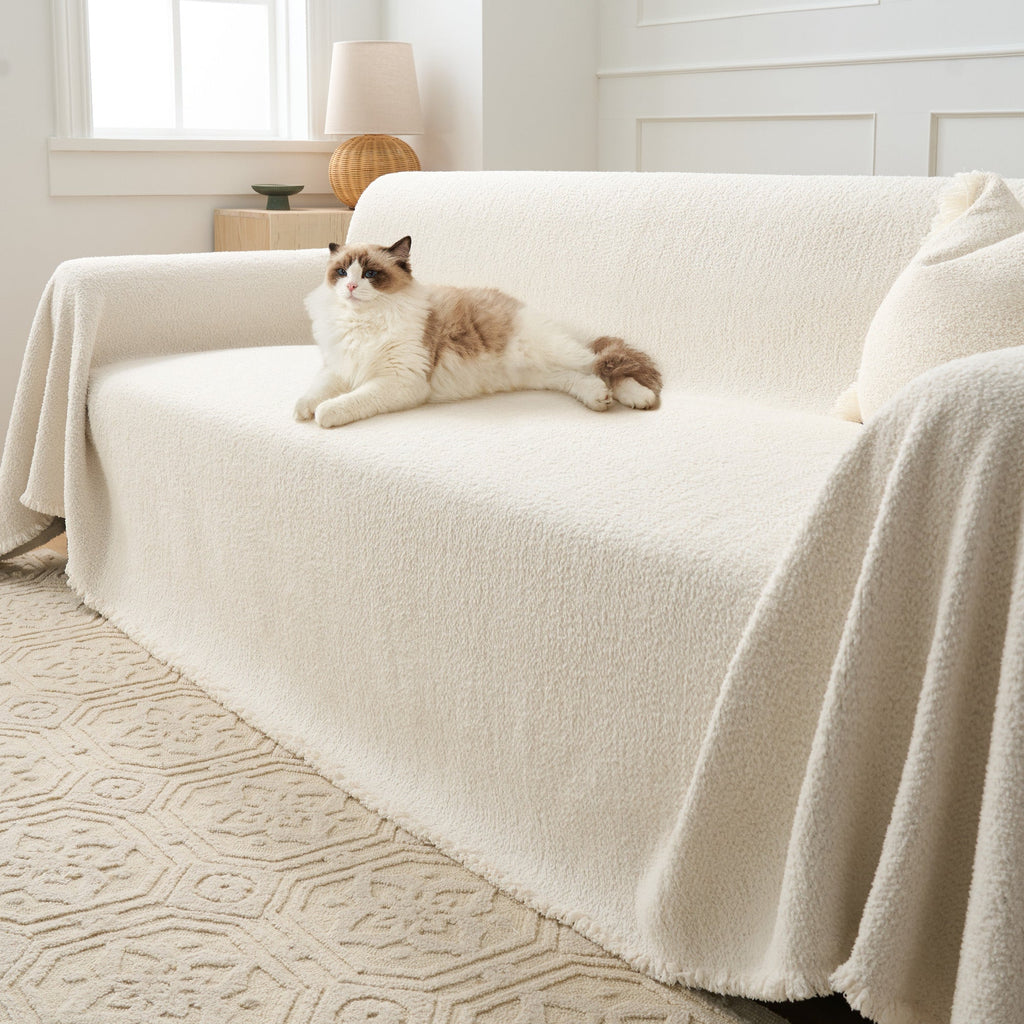Boucle Sofa Throw Cover with Tassel Trim, 6 Sizes