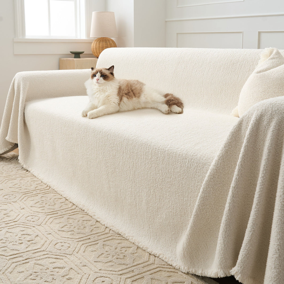 Boucle Sofa Throw Cover with Tassel Trim, 6 Sizes