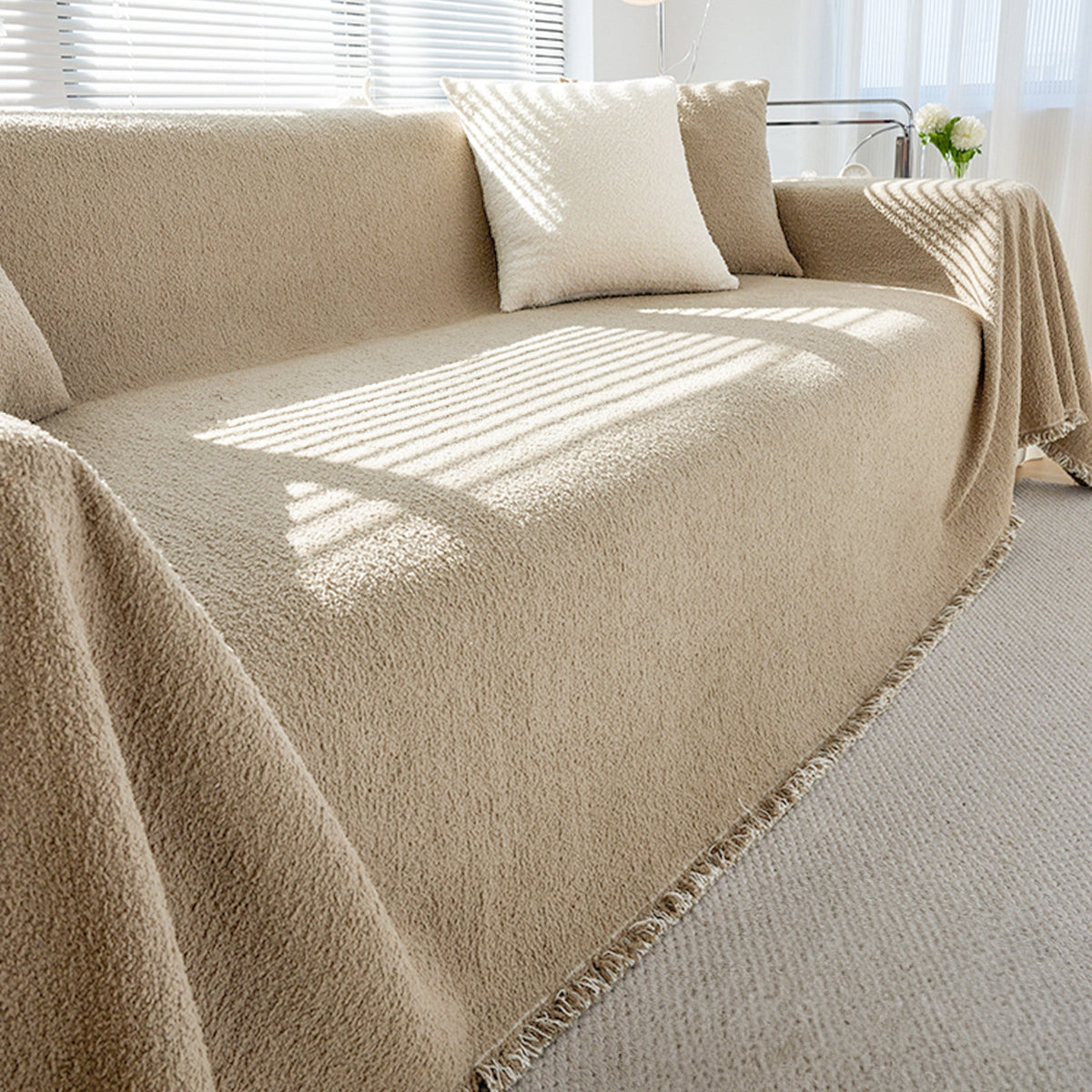 Boucle Sofa Throw Cover with Tassel Trim, 6 Sizes