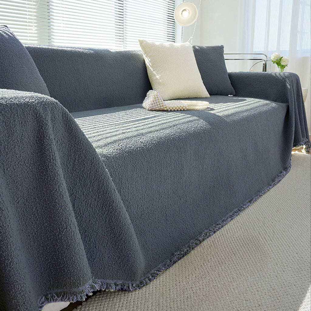 Boucle Sofa Throw Cover with Tassel Trim, 6 Sizes