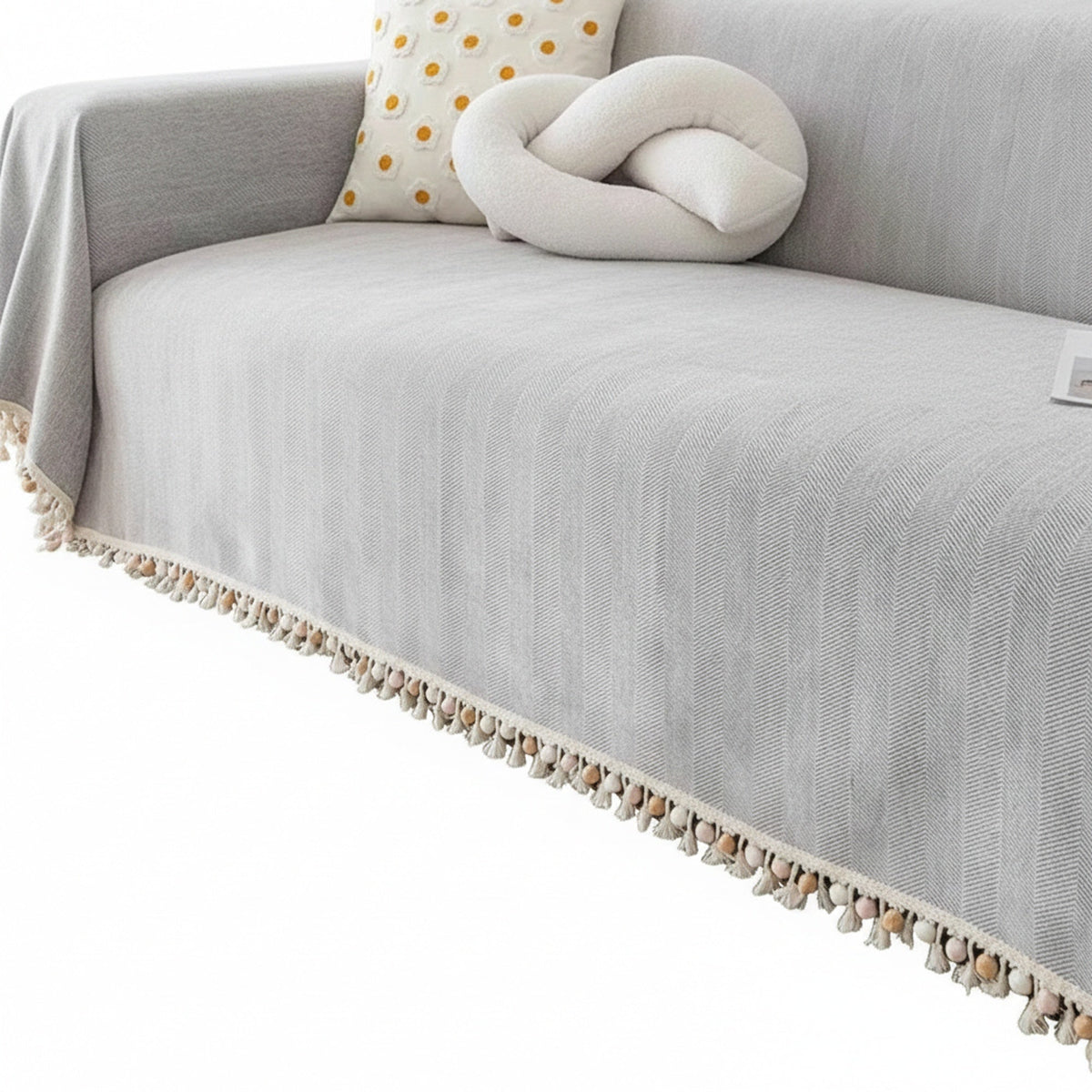 Herringbone Sofa Throw Cover with Pom Pom Tassels