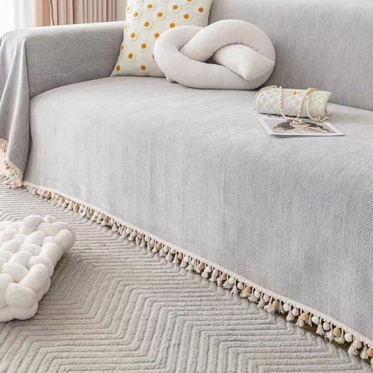 Herringbone Sofa Throw Cover with Pom Pom Tassels