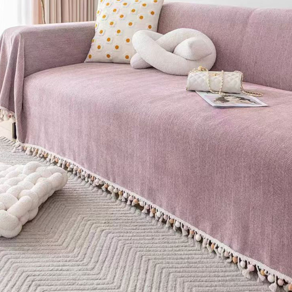 Herringbone Sofa Throw Cover with Pom Pom Tassels