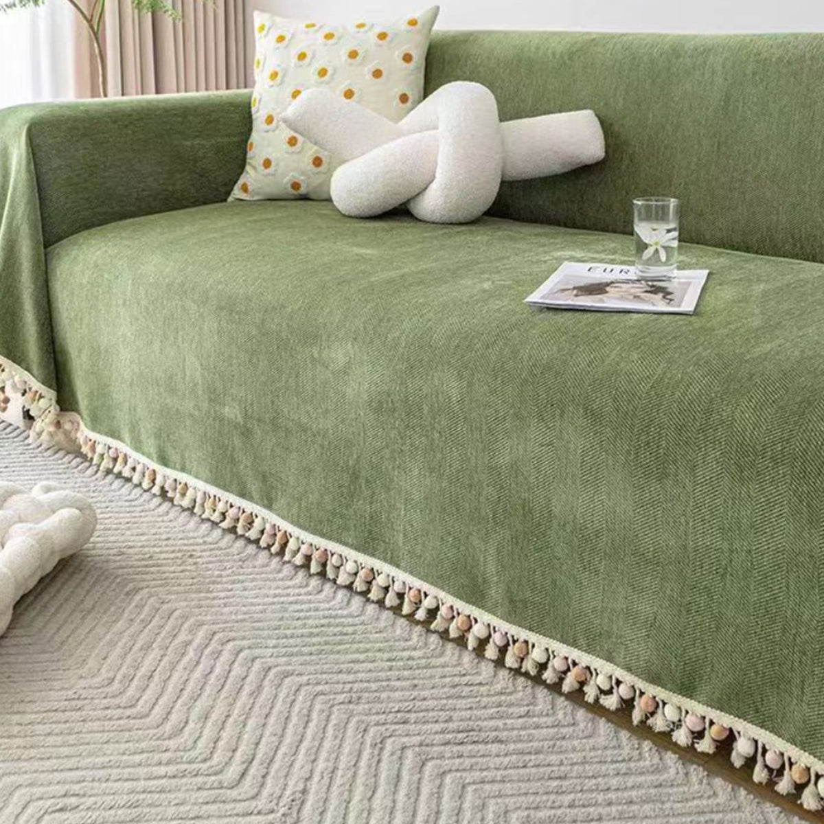 Herringbone Sofa Throw Cover with Pom Pom Tassels