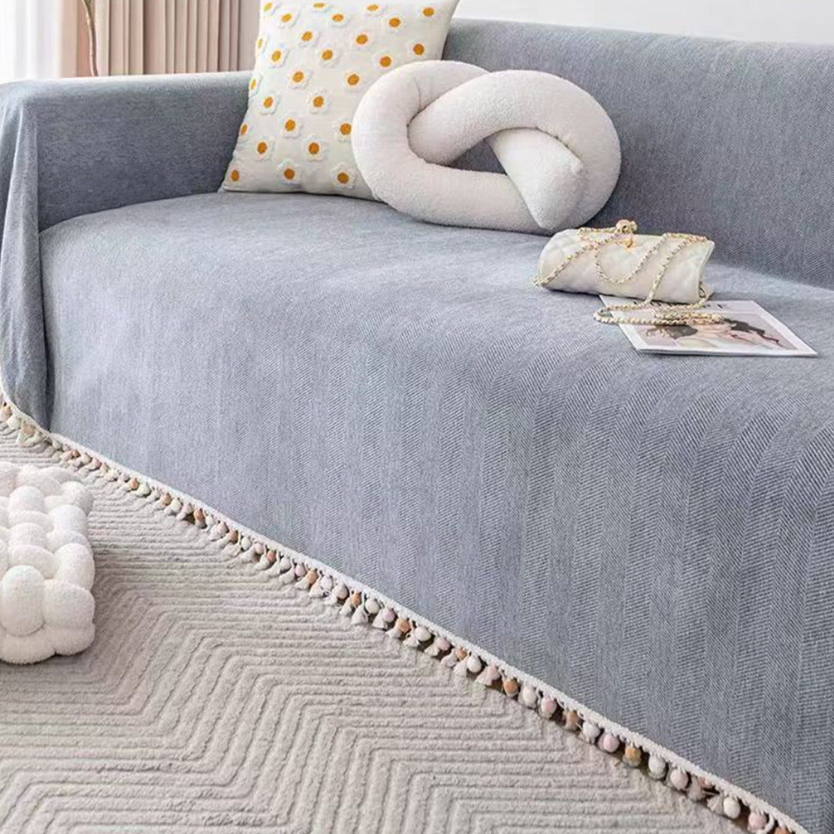 Herringbone Sofa Throw Cover with Pom Pom Tassels
