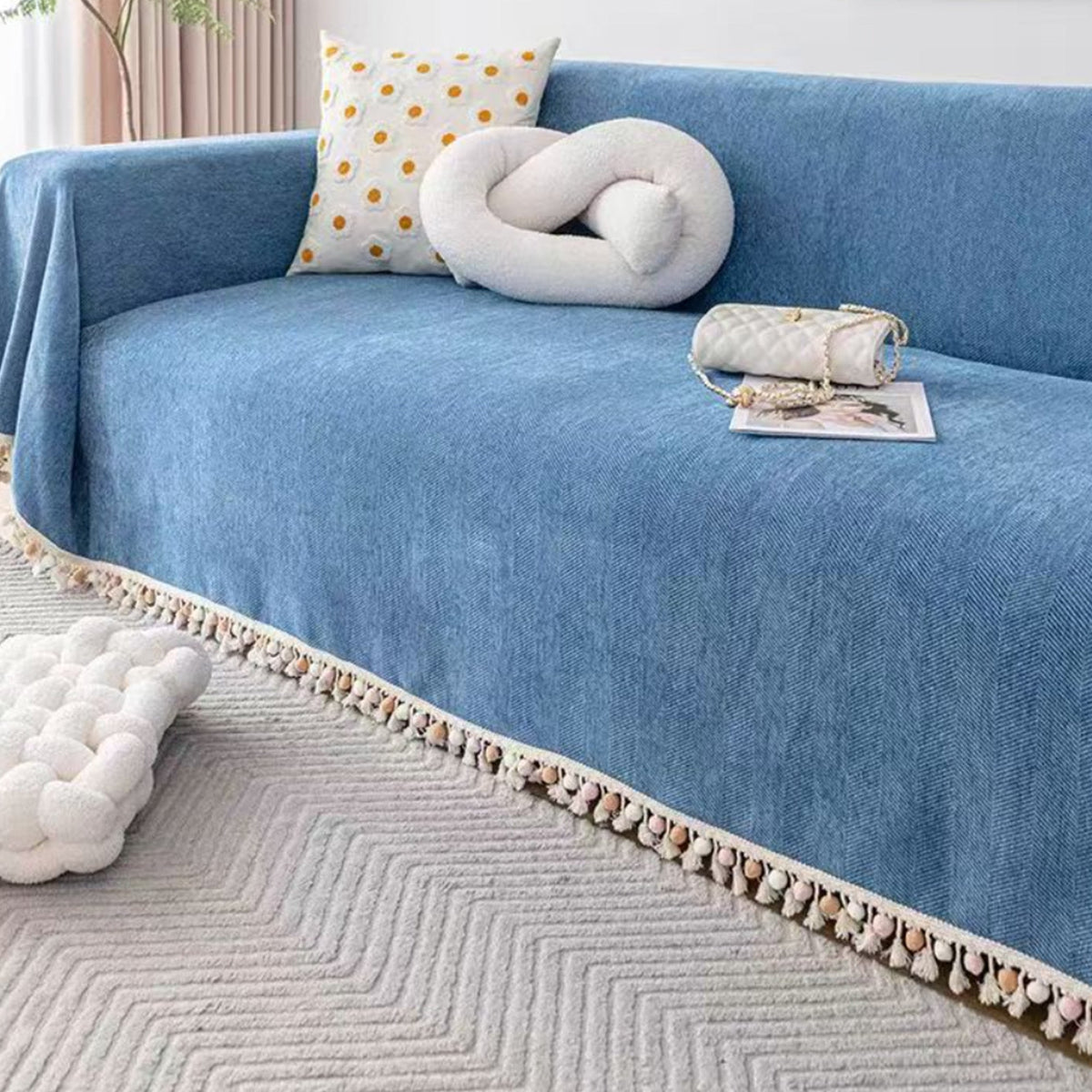 Herringbone Sofa Throw Cover with Pom Pom Tassels