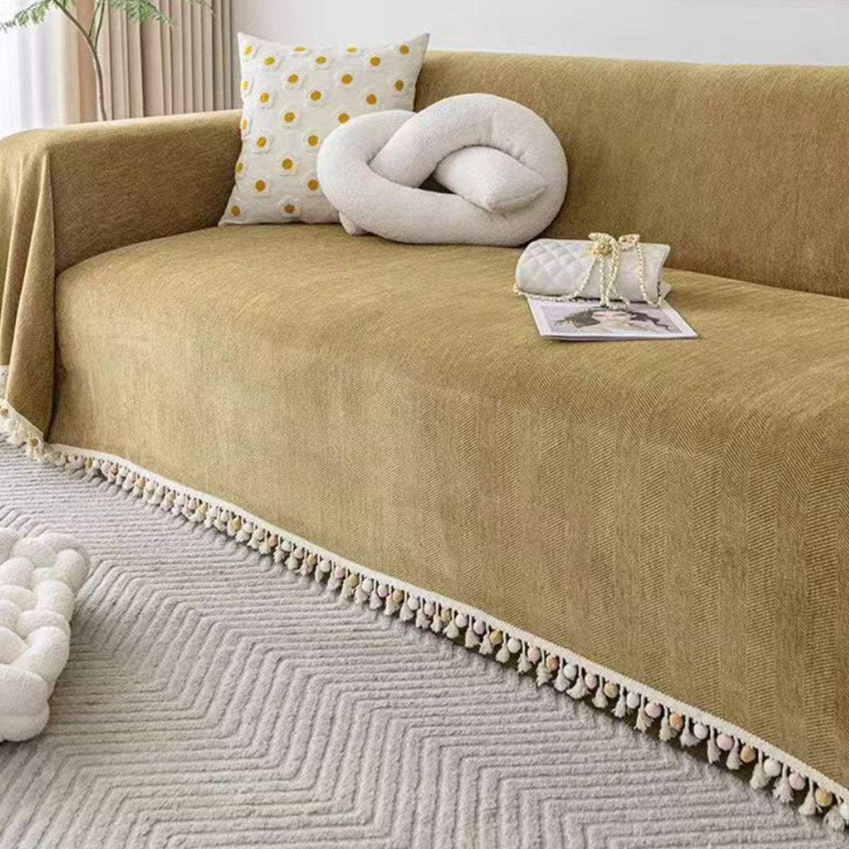 Herringbone Sofa Throw Cover with Pom Pom Tassels